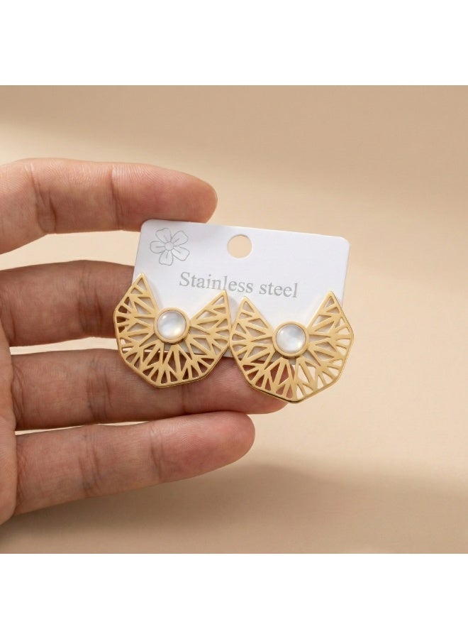 Shein Pharaonic Sun Wings Earrings – 316 Stainless Steel – Golden Engraved Design with Pearl Center - Image 4